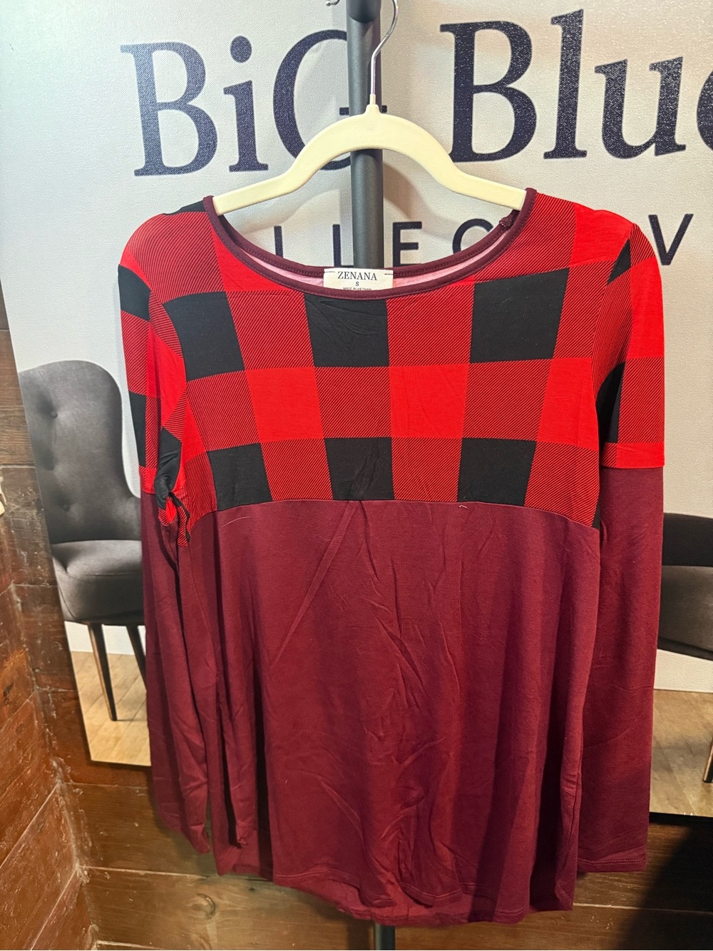 Zenana Outfitters Red and Black Buffalo Plaid to Maroon Long Sleeve Top